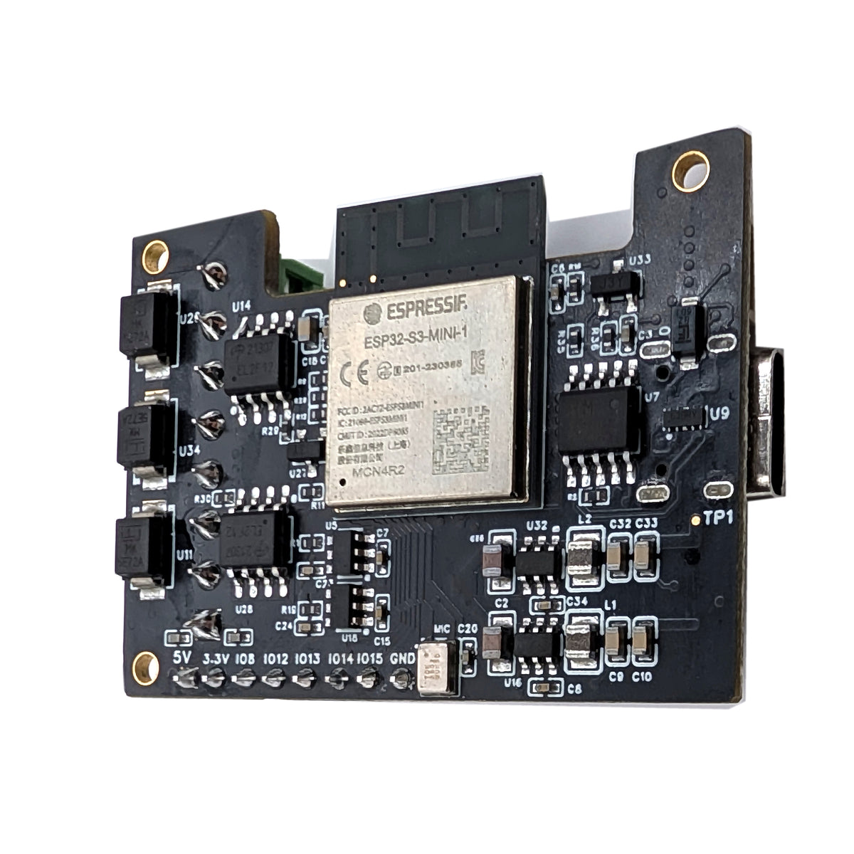 Underside of the MagWLED-2 WLED controller, showing the ESP32-S3 module, PCB antenna and digital microphone.
