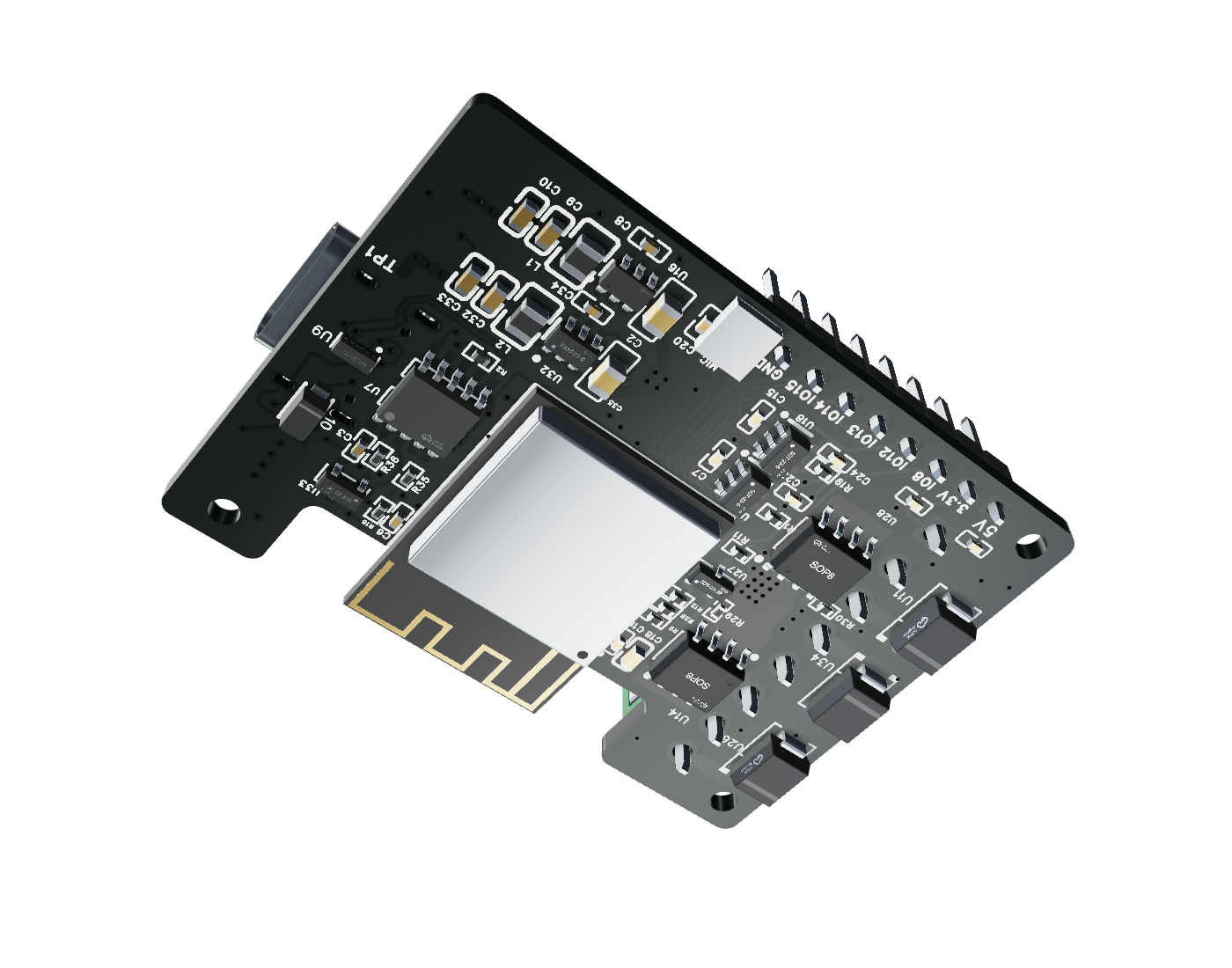 The underside of the MagWLED-2 PCB, rendered from the supplied STEP model