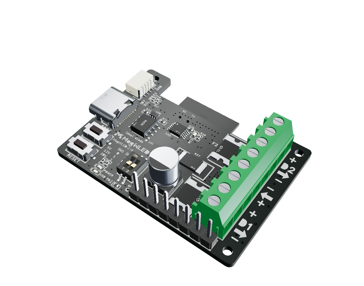 MagWLED-2 circuit board rendered from the original CAD export
