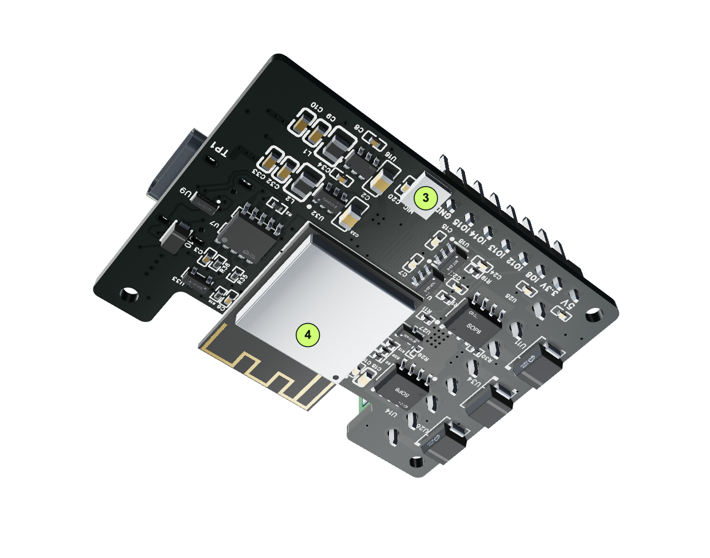 Annotated underside: 3 built-in microphone, 4 ESP32-S3 module