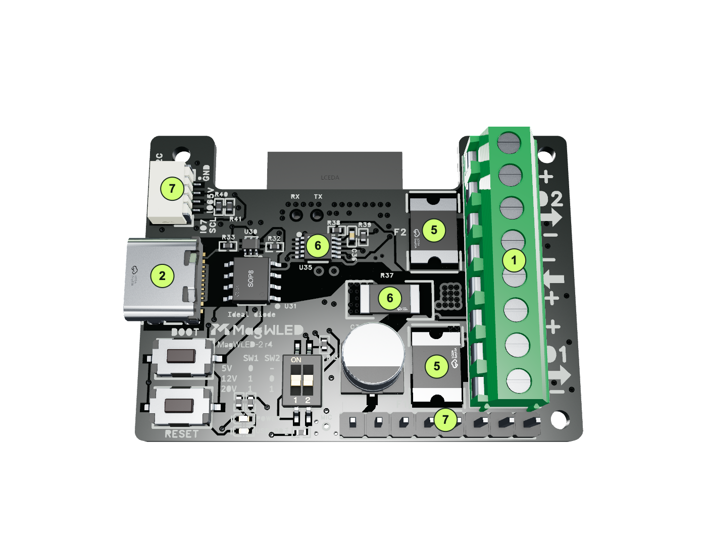 Annotated top view: 1 screw terminals, 2 USB-C, 5 both fuses, 6 current sensing and power measurement, 7 GPIO header and Stemma QT